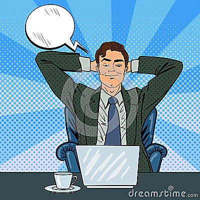 Happy Businessman with Laptop. Office Worker Dreaming About Something Vector Illustration