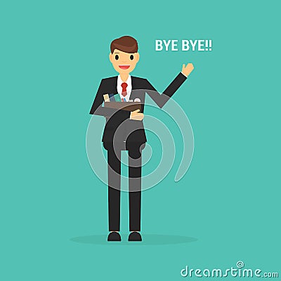 Happy businessman Leaving Job, flat design on green background. Vector Illustration