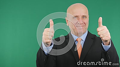 Happy Businessman Make Double Thumbs Up Hand Gestures Good Job Sign. Stock Photo