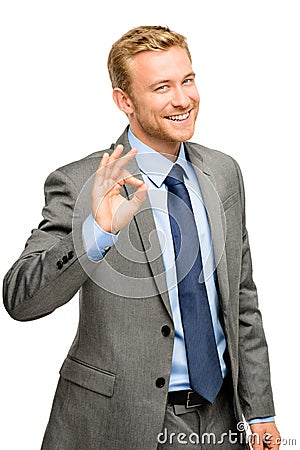 Happy businessman man okay sign - portrait on white background Stock Photo