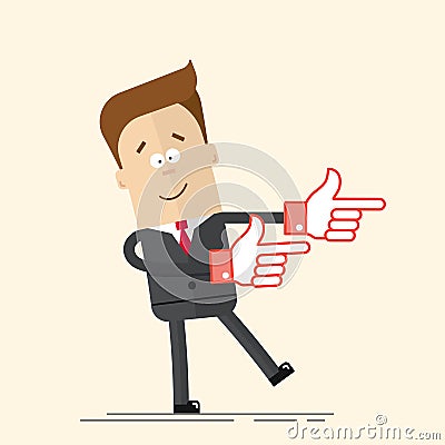 Happy businessman or manager It shows side his hand. Pleased man in a business suit and tie. A man in a cartoon flat Vector Illustration