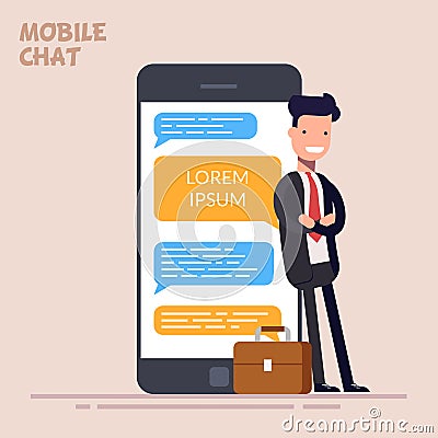 Happy businessman or manager is standing near a large phone or smartphone. Instant messaging service. Messaging service Vector Illustration