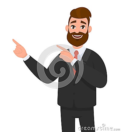 Happy businessman pointing hand gesture copy space to present or introduce something. Presentation. Vector Illustration