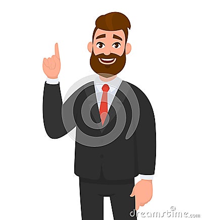 Happy businessman pointing up index finger gesture to copy space. Businessman emotion and body language concept illustration. Vector Illustration