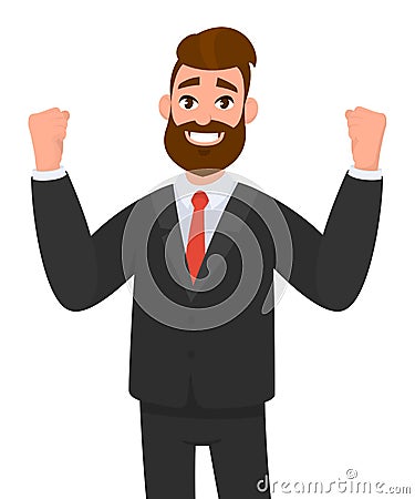 Happy businessman is raising hands in fists and happiness and success. Positive human emotion facial expression. Vector Illustration