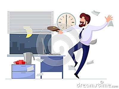 Happy businessman rejoices at the end of working day, week or beginning of vacation. Vector Illustration