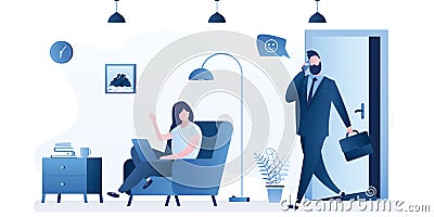 Happy businessman returns home from work. White collar after job, apartment interior with furniture. Wife at distance work Vector Illustration