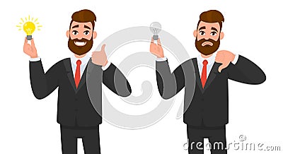 Happy businessman showing thumbs up and holding bright bulb. Unhappy business man showing thumbs down. Vector Illustration