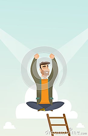 Happy businessman sitting on the cloud. Vector Illustration