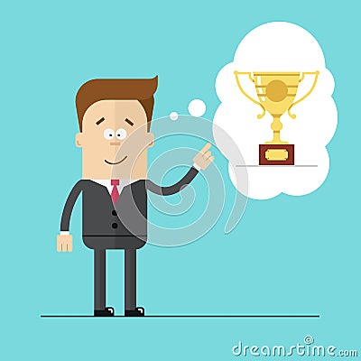 Happy businessman specifies hand on the award . Thoughts the Cup. Vector Illustration