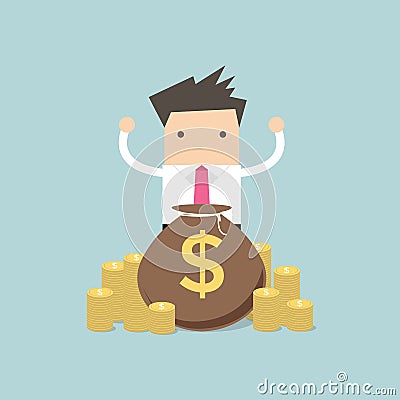 Happy Businessman stand behind money bag Vector Illustration