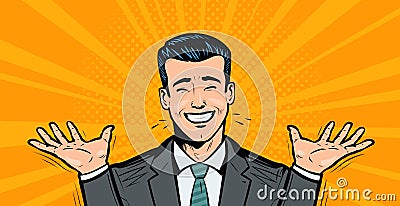 Happy businessman or student rejoices at success. Business concept. Cartoon in pop art retro comic style, vector Vector Illustration