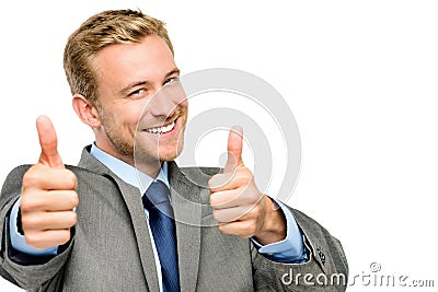 Happy businessman thumbs up sign on white background Stock Photo