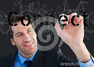 Happy businessman writing connect on the screen. Connect stars around Stock Photo