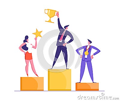 Happy Businessmen Standing on the Winning Podium with Award. Super Businessman with Golden Trophy Cup Vector Illustration