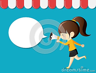 Happy businesswoman announce with megaphone and speech bubble for text. Vector Illustration