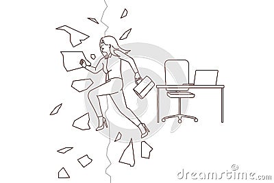 Happy businesswoman break wall quit job Vector Illustration