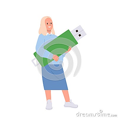 Happy businesswoman freelancer tiny cartoon character holding huge usb flash drive storage disk Vector Illustration