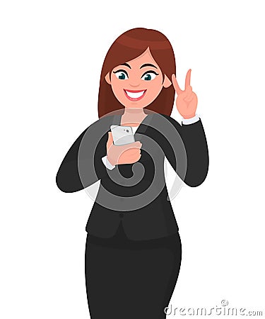 Happy businesswoman taking selfie and showing victory/peace/freedom sign while feeling exited. Social network, technology. Vector Illustration