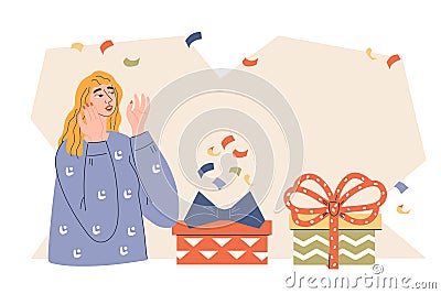 Happy buyer get a gift, cheerful woman surprised getting bonus gifts, flat vector. Vector Illustration