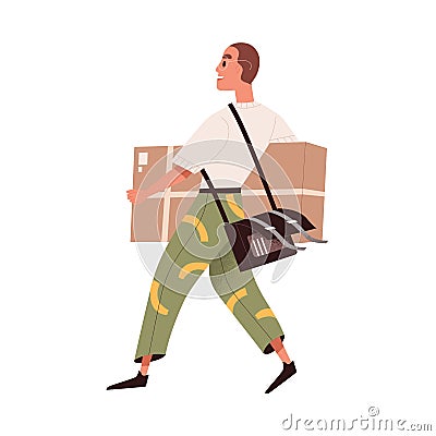 Happy buyer walking with purchase in hands. Man courier carrying big cardboard box. Modern postman from delivery service Vector Illustration
