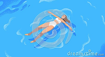 Happy calm woman floating, lying on water surface. Young girl in bikini swimming on back in sea, blue aqua. Serene Vector Illustration