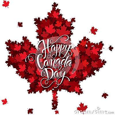 Happy Canada Day handdrawn lettering. Maple leaves texture Vector Illustration