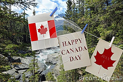 Happy Canada Day. Holiday greeting cards with Maple leaf and Canadian flag. Stock Photo