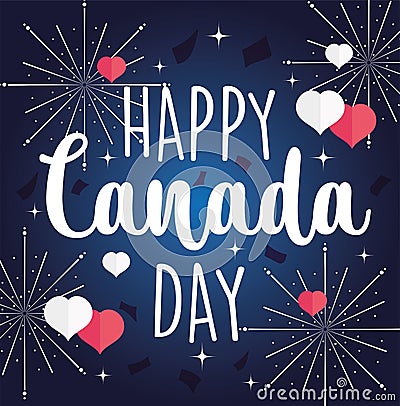 Happy canada day text with fireworks and hearts vector design Vector Illustration