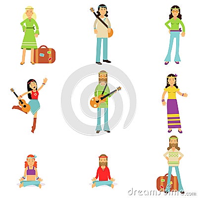 Hippies dressed in classic woodstock sixties hippy subculture clothes. Vector flat set Vector Illustration