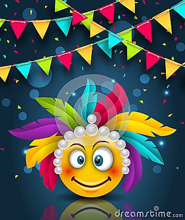 Happy Carnival Festive Banner, Smile Emoji with Headdress Vector Illustration