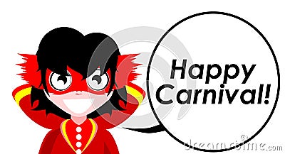 Happy Carnival, girl in costume, greetings, colors, English, isolated. Cartoon Illustration