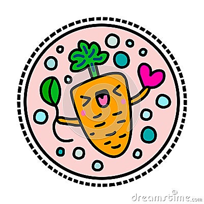 Happy carrot hand drawn vector logotype sticker in cartoon comic style Vector Illustration