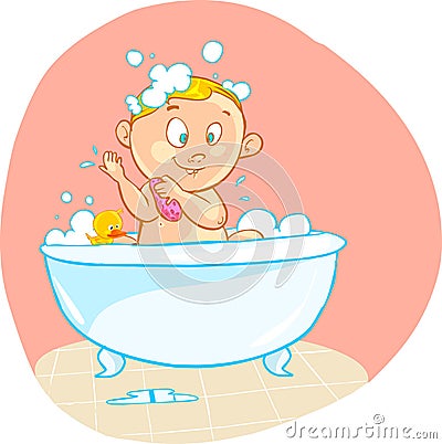 Happy cartoon baby kid in bath tub Vector Illustration