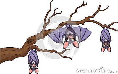 Happy cartoon bat hanging on tree Vector Illustration