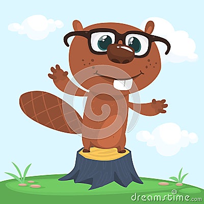 Happy cartoon beaver wearing eyeglasses. Brown beaver character. Vector illustration Vector Illustration