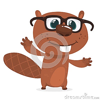 Happy cartoon beaver wearing eyeglasses. Brown beaver character. Vector illustration isolated. Vector Illustration