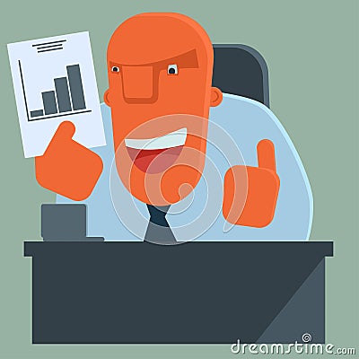 Happy cartoon boss is pleased with the results. Vector Illustration