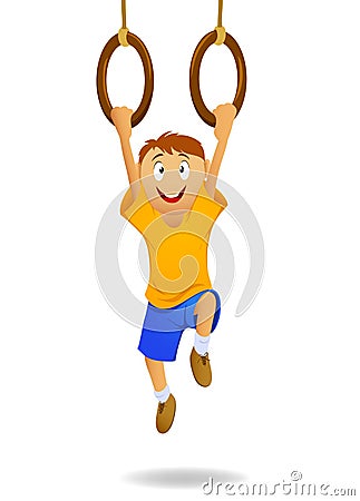 Happy cartoon boy hanging on gymnastic rings Vector Illustration