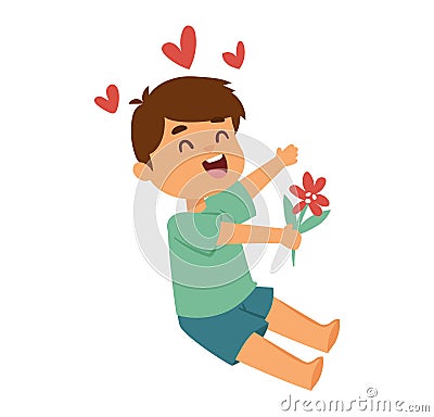 Happy cartoon boy sitting holds flower with hearts. Kid showing love with a cheerful expression. Joyful child with plant Cartoon Illustration