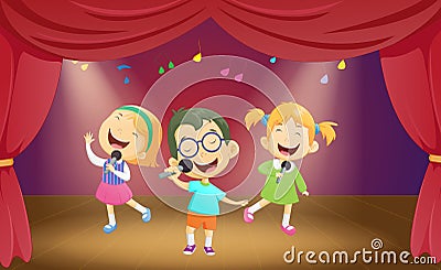 Happy cartoon boys and girls singing on the stage Vector Illustration