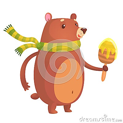 Happy cartoon brown bear with honey wooden stick. Vector illustration isolated. Vector Illustration