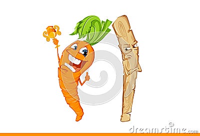 Happy cartoon carrot with reward and Strict stick. Stock Photo