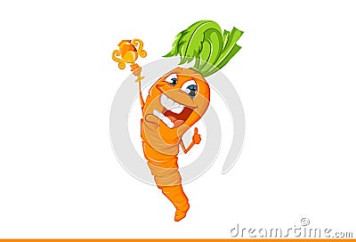 Happy cartoon carrot with reward. Stock Photo