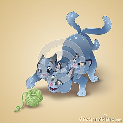 Happy cartoon cat playing with ball of wool. Three headed cat illustration Stock Photo