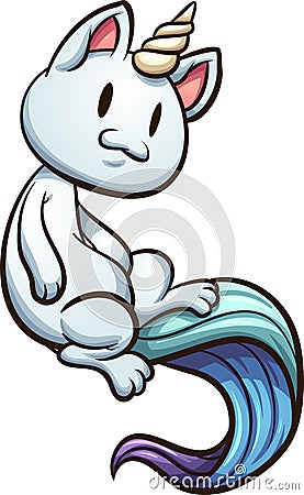 Happy cartoon caticorn with large colorful tail Vector Illustration