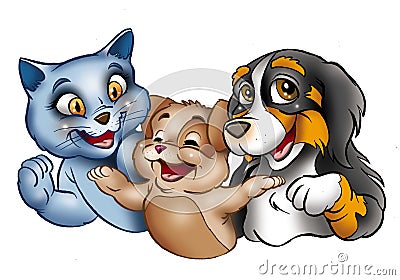 Happy cartoon cats and dog Cartoon Illustration