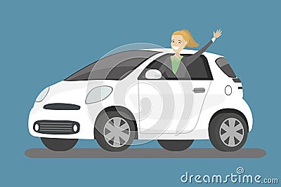 Happy cartoon caucasian woman rides in white car Vector Illustration