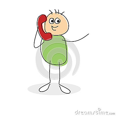 Happy cartoon character chatting on a red phone Stock Photo