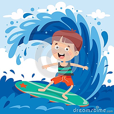 Happy Cartoon Character Surfing At Sea Vector Illustration
